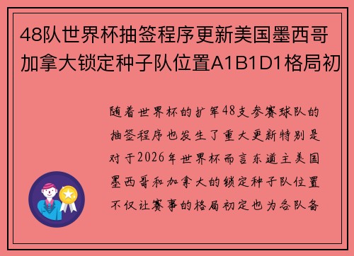 48队世界杯抽签程序更新美国墨西哥加拿大锁定种子队位置A1B1D1格局初定